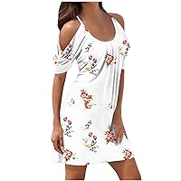 Summer Dresses for Women Cold Shoulder Sexy Casual Ruffle Short Sleeve Spaghetti Strap Scoop Neck Cami Dress 2024 Trendy