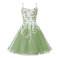 CWOAPO Sparkly Tulle Homecoming Dresses 2024 Spaghetti Straps Lace Appliques Scoop Neck A Line Short Cocktail Party Gown