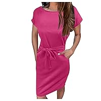 Spring Maternity Dress, Women's Fashion Summer Solid Color Crewneck Short Sleeve Lace-up Pocket Dress