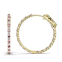 Pink Tourmaline & Natural Diamond Inside-Out Hoop Earrings 2.78 ctw 14K Yellow Gold