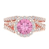 Clara Pucci 2.32ct Round Cut Simulated Pink Diamond 18K Rose Gold Halo Solitaire W/Accents Engagement Bridal Wedding ring band Set