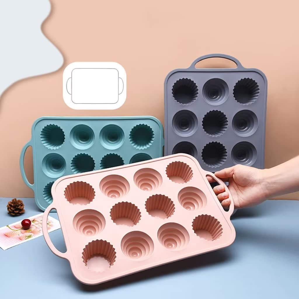 TAANI （3pcs） 12 hole cake tray silicone mold stainless steel side silicone cake baking mold，Gray, pink, green