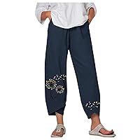 Women‘s Cropped Capri Pants Cotton Linen Casual Summer Palazzo Pants Comfy Baggy Trousers with Pockets