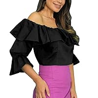Plus Size Blouse with Tie Neck for Women Shirt Solid Color One Line Neck Short Style Peplum Spring and Summer