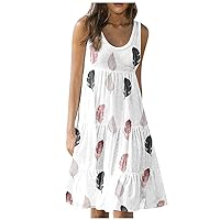 Women's Summer Causal Crewneck Sleeveless Solid Color Print Loose Pleated Flowy Maxi Dresses Beach Dress Sun Dress