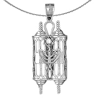Gold Scroll Necklace | 14K White Gold Torah Scroll with Star & Menorah Pendant with 16