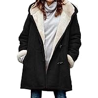 YangMeng Fluffy Collar Solid Color Hooded Loose Warm Coat Womens Side Horn Buttons Faux Fur Fleece Lined Jacket(Black,5XL)