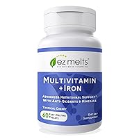 EZ Melts Multivitamin for Women & Men with Iron - Dissolving Vegan Multivitamin with Iron for Nutritional Support - Zero Sugar Multivitamin for Men and Women - Vegan Vitamins - Cherry Flavor - 60 Ct