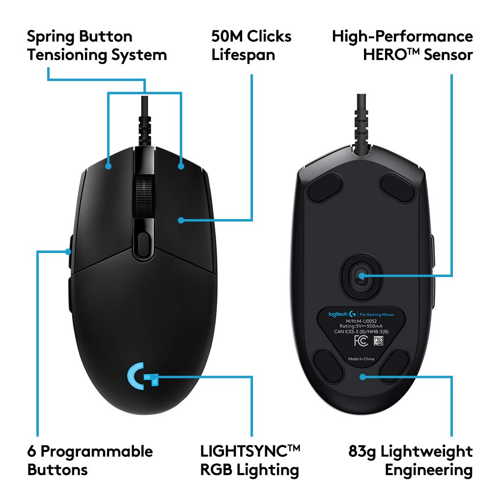 Logitech G PRO Wired Gaming Mouse, Hero 16K Sensor, 16000 DPI, RGB, Ultra Lightweight, 6 Programmable Buttons, On-Board Memory, Built for Esport, PC/Mac - Black (German Packaging)