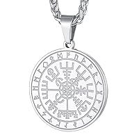 FaithHeart Norse Viking Medal Pendant Necklace, Stainless Steel Nordic Compass Valknut Rune Jewelry for Men Women with Gift Box
