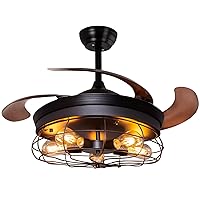 Ohniyou Retractable Blades Ceiling Fan with Lights and Remote, Rustic Industrial Ceiling Fan Ideal for Farmhouse, Patio, Kitchen, Bedroom, Living Room (42 Inches, Black)