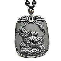 Crystal Natural Black Obsidian dragon turtle Necklace Amulet Pendant with adjustable chain for men women