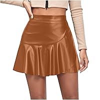 Womens Ruffle Leather Skirt Asymmetrical Hem Mini Skirts High Waisted Retro Pleated Skirt Casual Club Metallic Skirts