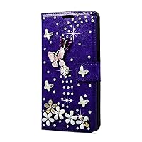 Crystal Wallet Case Compatible with iPhone 14 Pro - Dance Butterfly - Purple - 3D Handmade Sparkly Glitter Bling Leather Cover with Screen Protector & Beaded Phone Lanyard