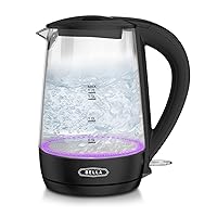 BELLA 1.7 Liter Glass Electric Kettle, Quickly Boil 7 Cups of Water in 6-7 Minutes, Soft Purple LED Lights Illuminate While Boiling, Cordless Portable Water Heater, Carefree Auto Shut-Off, Black