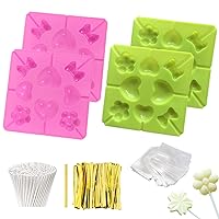 4Pcs Lollipop Molds Set Silicone Lollipop Molds Sucker Molds,100 Pcs Lollipop Sucker Sticks,100Pcs Candy Treat Bags,100Pcs Gold Twist Ties for Making Chocolate,Candy,Cookie,Ice Cubes