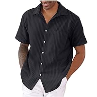 Men's Button Down Striped Shirt Casual Relaxed-Fit Short Sleeve Tee Shirts Loose Palin Tops Stylish Hawaiian T-Shirt Hand Rose Shirt Solid Color Short Sleeve