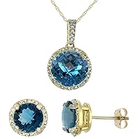 Silver City Jewelry 10K Yellow Gold Diamond Natural London Blue Topaz 7mm Earrings & 11mm Pendant Round Set