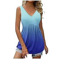Womens T Shirts Sleeveless Tops Tee for Women V Neck Floral Long Slim Tunic Pleated Summer Fall Tee Shirt 2024
