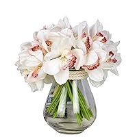 12 PCS High Quaulity Latex Real Touch Cymbidium Orchid Artificial Flower Bouquet for Wedding Holiday Bridal Bouquet Home Party Decor Bridesmaid (White)