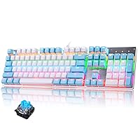 Wired Mechanical Gaming Keyboard Blue Switch 104 Keys RGB Rainbow LED 9 Backlight Modes Full Anti-ghosting Silver Metal Panel Waterproof Ergonomic Key Layout USB For Gamers Typists (Blue)