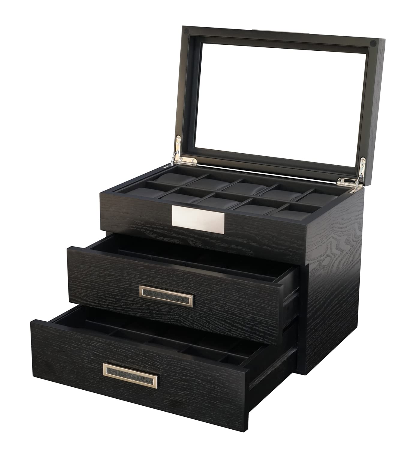 TIMELYBUYS 30 Black Ebony Wood Watch Extra Height Clearance Box Display Case 3 Level Storage Jewelry Organizer with Glass Top, Stainless Steel Accents, and 2 Drawers