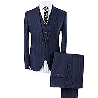 Men 3 Piece Pinstripe Suits Slim Fit Stripes Notched Lapel Blazer Sets Business Wedding Jacket Vest Trousers Set (Dark Blue,Medium)