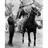 Cheyenne TV series Clint Walker shakes hands with Will Hutchins on horse 11x14