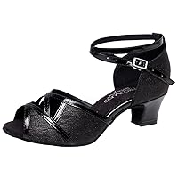 Ladies Latin Salsa Tango Cha-Cha Comfortable Exercises Custom Heel Peep Toe Satin Professional Dance Shoes Black - Size 4
