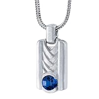 Created Blue Sapphire Chevron Pendant Necklace for Men in Sterling Silver, Round Shape, Brushed Finished, with 22-Inch Italian Chain