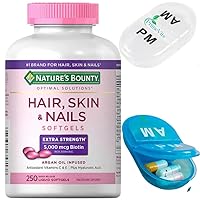 Mini Travel Pill Case Bundle with, Natures Bounty Hair Skin and Nails 5000 mcg of Biotin - 250 Softgels