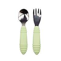 Bumkins Toddler Utensils, Kids Size Fork and Spoon Set, Silicone and Stainless-Steel Training Silverware, Angled Forks / Sporks for Self-Feeding, Children Hold Learning to Eat, 18 Mos Up, Sage Green