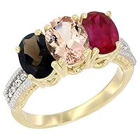10K Yellow Gold Natural Smoky Topaz, Morganite & Enhanced Ruby Ring 3-Stone Oval 7x5 mm Diamond Accent, Sizes 5-10