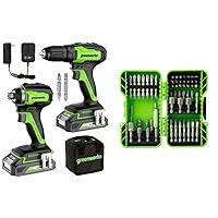 Greenworks 24V Brushless Drill/Driver + Impact Drive Combo Kit, Batteries and Charger Included, with 70-Piece Impact Rated Driving Bit Set