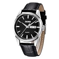SKMEI Men's Leather Watch Black and Gold Classic Analog Quartz Watch Business Fashion Day Date 3ATM Waterproof Wristwatch