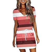 Sundresses for Women,2024 Summer Trendy Striped Tank Mini Dress,Casual Loose V Neck Drawstring T Shirt Dress with Pockets