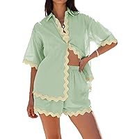 Danedvi Womens 2 Piece Outfits Beach Vacation Summer Short Sleeve Button Down Shirts and Shorts Lounge Sets