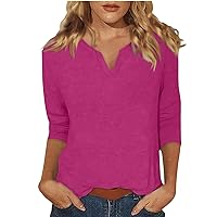Three Quarter Sleeve Tops Woman V Neck Solid Color Tunic Tshirts 2024 Fashion Loose Fit Tee Blouse
