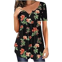 Floral Print Tunic Tops for Women Loose Fit Button Up Henley Shirts Short Sleeve Casual Hide Belly Blouses for Leggings