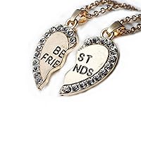 Link Chain Cable Necklace Gold Tone Broken Heart BEST FRIENDS Clear Rhinestone Pendant