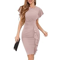 IHOT Women's Ruffle Sleeve Ruched Bodycon Party Cocktail Dresses Vintage Church Work Pencil Dress