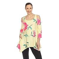 Women's Floral 3/4 Sleeve Cold Shoulder Tunic Top with Pockets