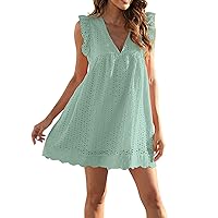 Women's Lace Jacquard Hollow Out Dress Pocket Solid Color Liner Shorts V Neck Plus Size Dress Ruffle Hem Mini Dresses