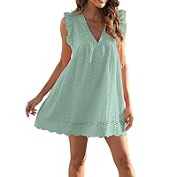 Womens Summer Elegant Eyelet V Neck Ruffle Cap Sleeve Tank Babydoll A Line Mini Dress Flutter Midi Dresses Contemporary Dress