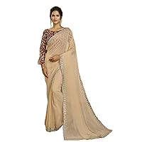 Beige Wedding Woman's Georgette Sequin Saree Indian Designer Sari Blouse FI400
