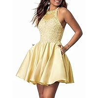 Satin Lace Appliques Homecoming Dresses Short Cocktail Dress for Teens Formal Evening Party Gown with Pockets