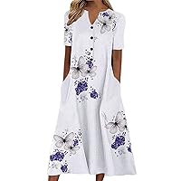 Womens Summer Dress Casual Floral Print Midi Dress Button V Neck Short Sleeve Dresses Flowy Boho Beach Party Sundress