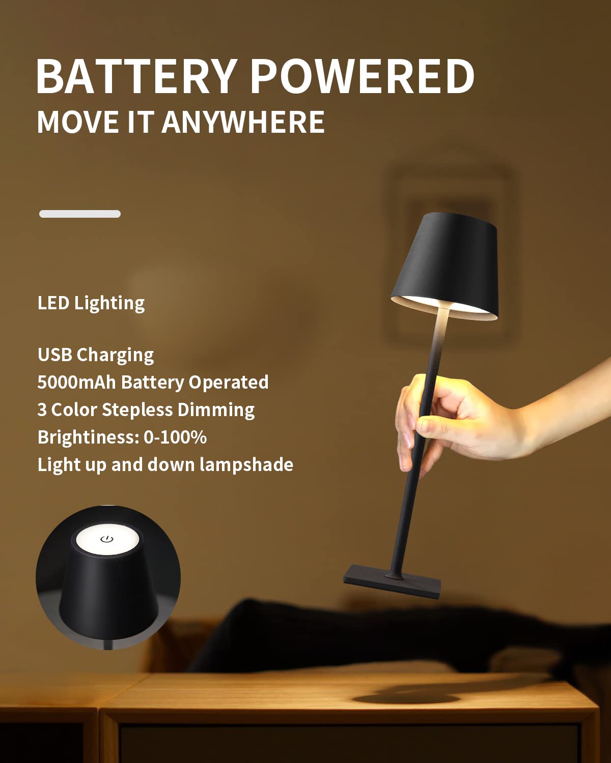 KDG 2 Pack Cordless Table Lamp,Portable LED Desk Lamp, 5000mAh Battery Operated, 3 Color Stepless Dimming Up, for Restaurant/Bedroom/Bars/Outdoor Party/Camping/Coffee Shop Night Light(Black)