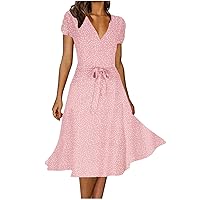 Women Summer Polka Dots Belted High Waist Casual Dress Fashion Puff Short Sleeve V Neck Flowy A-Line Dresses