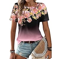 Women's Round Neck Summer Color Gradient Blouse Floral Print Short Sleeve Tops Casual Loose Fashion Comfy Top Shirts